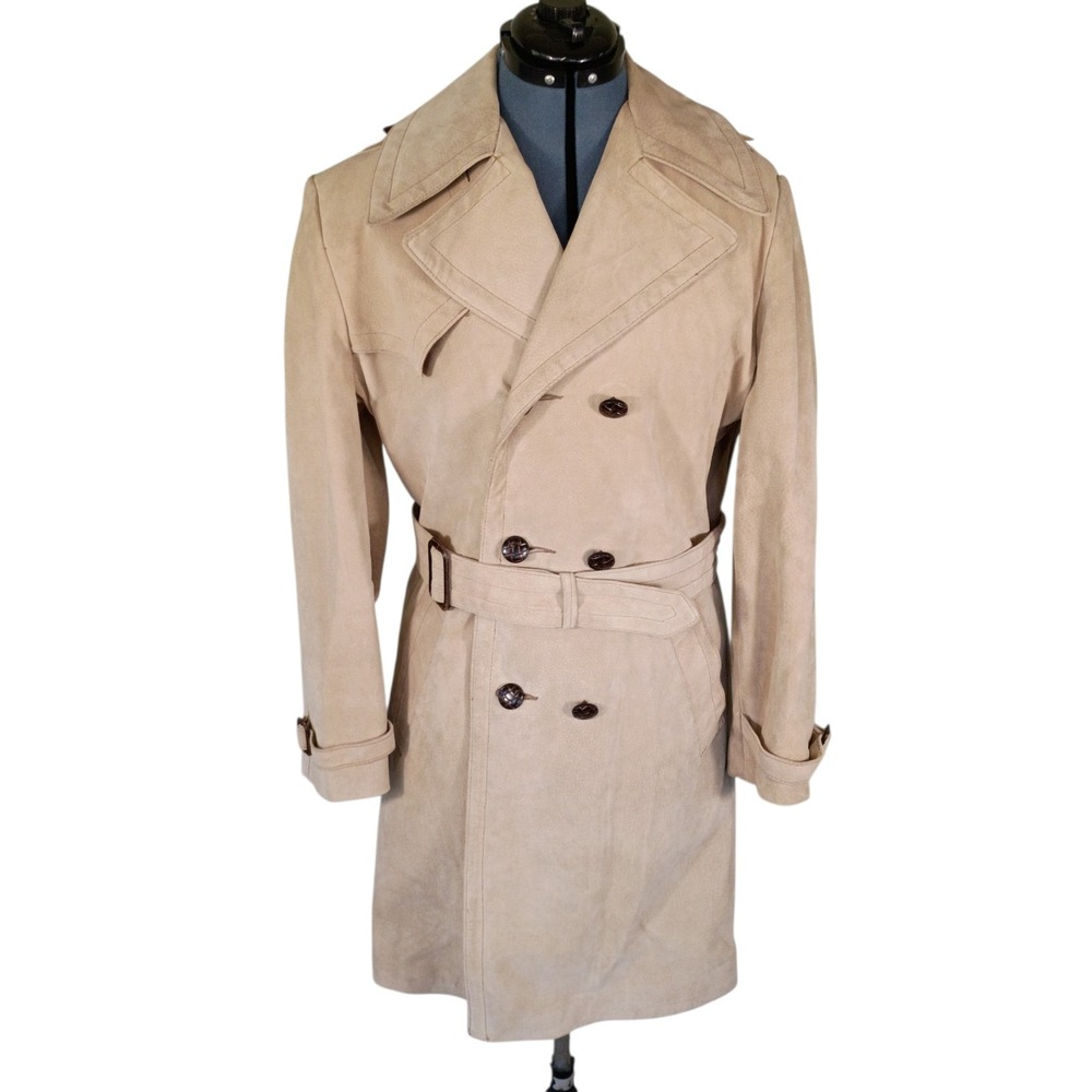 Vtg Grais Double Breasted Trench Coat Suede‎ Leather Men's Sz 36 Western USA Tan